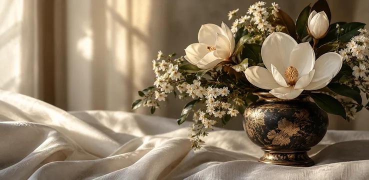 White flowers in an antique gold vase on ivory fabric